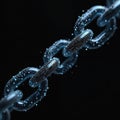 Digital chain links with binary code on dark background. Blue glowing particles connect data blocks, showing secure network. Royalty Free Stock Photo