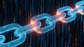 Digital chain links with binary code pattern against a dark blue background with vertical light streaks Royalty Free Stock Photo