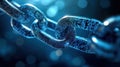 Digital chain links form network on deep blue background. Interconnected tech elements showcase strong data flow. Image evokes
