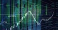 Digital chart showing in translucent trading UI with candlesticks, graphs, percentages and tickers Royalty Free Stock Photo