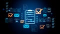 Digital checklist and document management icons on dark blue glowing background. 3D Rendering