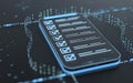 Digital checklist on a futuristic smartphone with glowing data streams Royalty Free Stock Photo