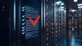 Digital Checklist with Red Checkmark Overlaying Server Racks Illustrating Completion of Tasks in a High-Tech Environment