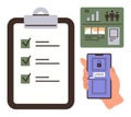 Digital checklist with smartphone authentication and data visualization panels for secure task management Royalty Free Stock Photo
