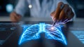 Digital chest x ray analysis with interactive touchscreen displaying lung anatomy and highlighted lesion for clinical diagnosis Royalty Free Stock Photo