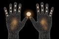 Digital chirality illustration: Glowing points on hands against a dark backdrop Royalty Free Stock Photo