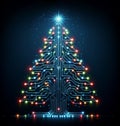 A digital Christmas tree made of electronic circuit lines with glowing multicolored lights against a dark background, symbolizing Royalty Free Stock Photo