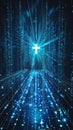 Digital church in a cyber universe a cross emitting rays symbolizing virtual divinity