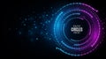 Digital circles of glowing dots. Big data visualization into cyberspace with swirl energy. Disintegration of information particles