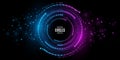 Digital circles of glowing dots. Big Data visualization into cyberspace with swirl energy. Disintegration of information particles