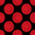 digital circles spiral red seamless pattern on black background