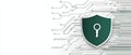 On a digital circuit background, a green security shield with a keyhole is rendered in 3D. Royalty Free Stock Photo