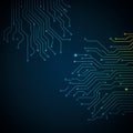 A digital circuit board design with intricate, interconnected lines extending diagonally