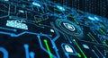 Digital circuit board with glowing blue and green security and binary code background Royalty Free Stock Photo