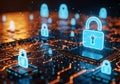 Digital circuit board with glowing blue padlocks technology Royalty Free Stock Photo