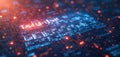 Digital circuit board with glowing blue and red data streams. Abstract computer network background with glowing nodes and Royalty Free Stock Photo