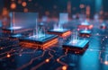 Digital circuit board with glowing microchips and data streams. Shows advanced tech for AI, big data, and network analysis. Royalty Free Stock Photo