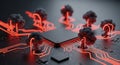 Digital Circuit Board with Glowing Red Lines and Mushroom Cloud Explosions Symbolizing Data Breach or System Failure Royalty Free Stock Photo