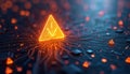Digital circuit board illustration shows warning sign. Orange triangle with code warns of cyber attack tech error. Dark blue tech