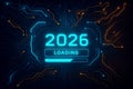 Digital circuit board with 2026 loading screen and progress bar in neon blue and orange image photo Royalty Free Stock Photo