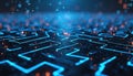 Digital circuit board network with glowing blue lines and orange sparks. Data streams flow through a complex technological maze, Royalty Free Stock Photo