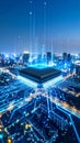 Digital circuit board over city, futuristic technology concept, data processing, artificial intelligence Royalty Free Stock Photo