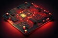 Digital Circuit Board with Shimmering Red Highlights on a Dark and Mysterious Background