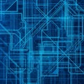 Digital circuit design featuring interconnected blue lines forming a Royalty Free Stock Photo