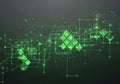 Digital circuit network with glowing green geometric nodes and pathways Royalty Free Stock Photo