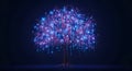 Digital circuit tree with glowing blue square nodes and falling data code on dark background Royalty Free Stock Photo