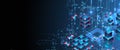 Digital circuit visualization vector background. Blue board pattern with interconnected lines, nodes, and binary code Royalty Free Stock Photo