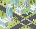 Digital city isometric with free internet in different areas. Wifi in buildings and parks, on street. Technology town