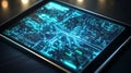 Digital city map on tablet device screen showing urban planning and infrastructure development data Royalty Free Stock Photo