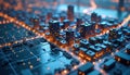Digital city model on large screen. Urban planning, disaster management tech. Networked sensors, data points. Night view of Tokyo