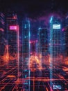 A digital city with neon lights and a glowing grid representing technology urban future connection progress and innovation