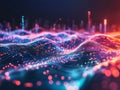 Digital city skyline with neon data waves and glowing network grid Royalty Free Stock Photo