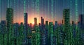 Digital City Skyline at Sunset with Falling Binary Code Data Streams Royalty Free Stock Photo