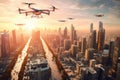 digital city, with towering skyscrapers, driverless cars and flying drones