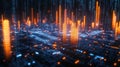 Futuristic Digital Data Cityscape with Glowing Orange and Blue Lights - Technology Concept Royalty Free Stock Photo