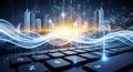 Digital Cityscape and Data Flow over Keyboard Royalty Free Stock Photo