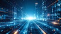 Digital cityscape with data streams and glowing lines, futuristic technology concept. Royalty Free Stock Photo