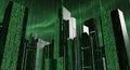 Digital Cityscape with Falling Binary Code and Green Aurora Royalty Free Stock Photo