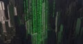 Digital Cityscape with Falling Binary Code Streams Futuristic Data Flow Royalty Free Stock Photo