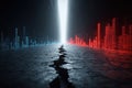 Digital cityscape with glowing red and blue lights along a cracked pathway Royalty Free Stock Photo