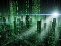 Digital Cityscape with Green Binary Code Falling like Rain futuristic technology Royalty Free Stock Photo