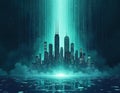 Digital cityscape reflects tech innovation. Futuristic city glows with binary code cascading. Calm water mirrors lights of city. Royalty Free Stock Photo
