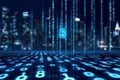 Digital Cityscape Security Data streams urban backdrop digital lock binary code cybersecurity Represents technological