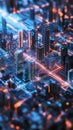 Digital cityscape showcasing smart buildings with data streams connecting them to central AI hubs visualized as glowing nodes.