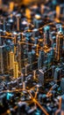Digital cityscape showcasing smart buildings with data streams connecting them to central AI hubs visualized as glowing nodes.