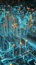 Digital cityscape showcasing smart buildings with data streams connecting them to central AI hubs visualized as glowing nodes.
